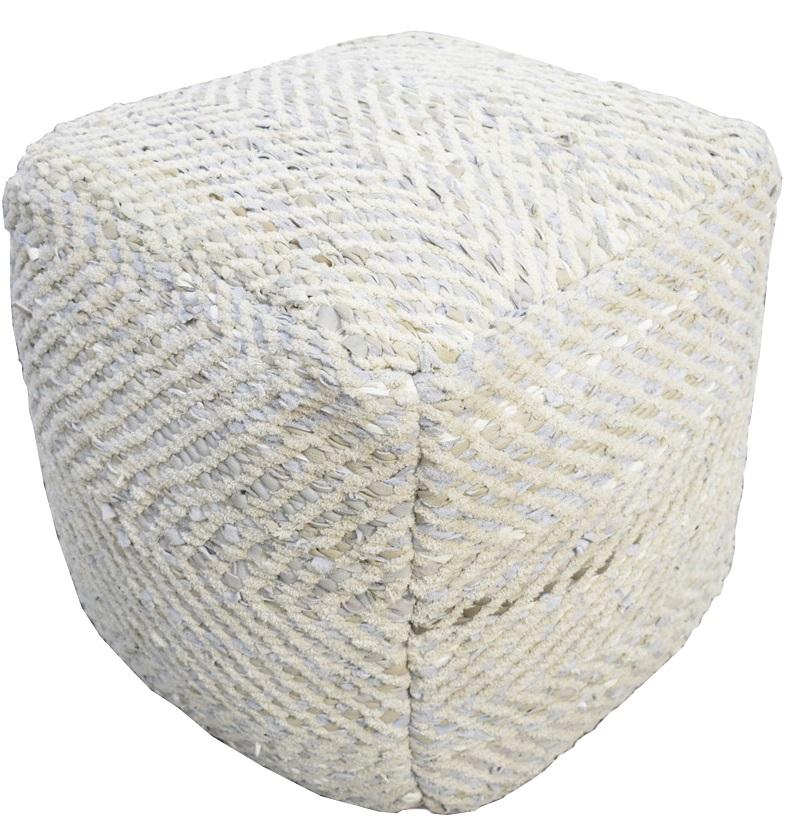 Silver and Beige Modern Style Leather and Chenille Pouf