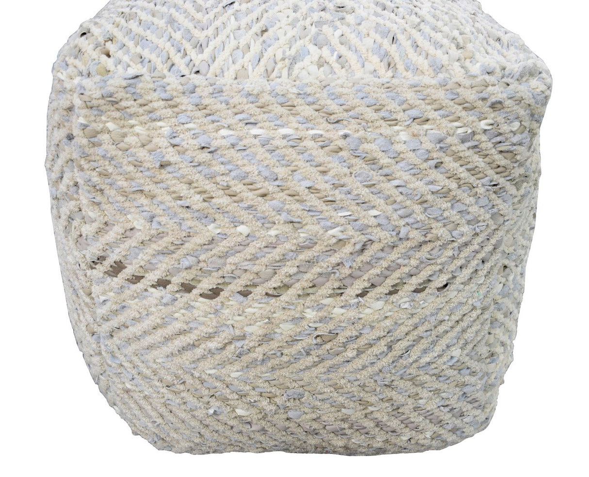 Silver and Beige Modern Style Leather and Chenille Pouf