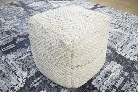 Silver and Beige Modern Style Leather and Chenille Pouf