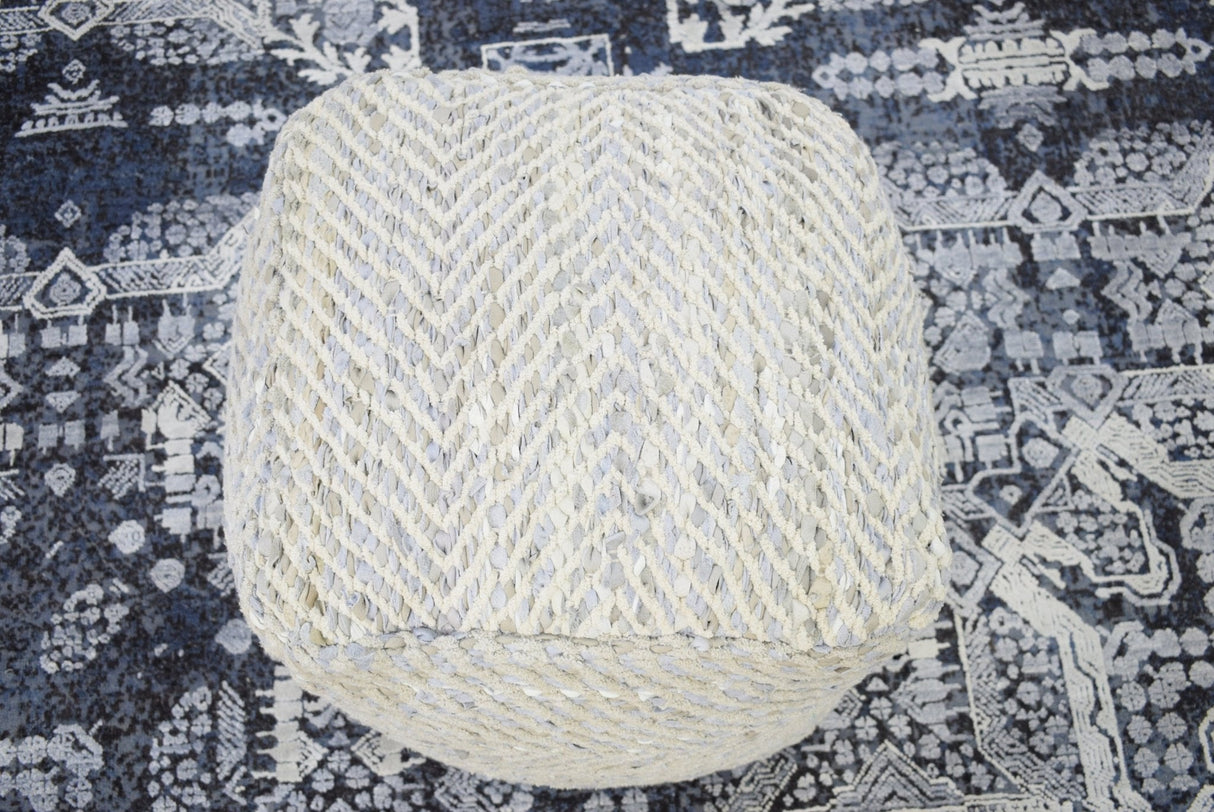 Silver and Beige Modern Style Leather and Chenille Pouf