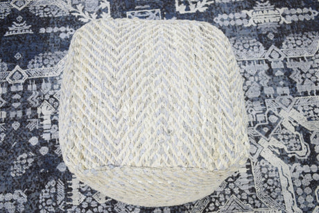 Silver and Beige Modern Style Leather and Chenille Pouf