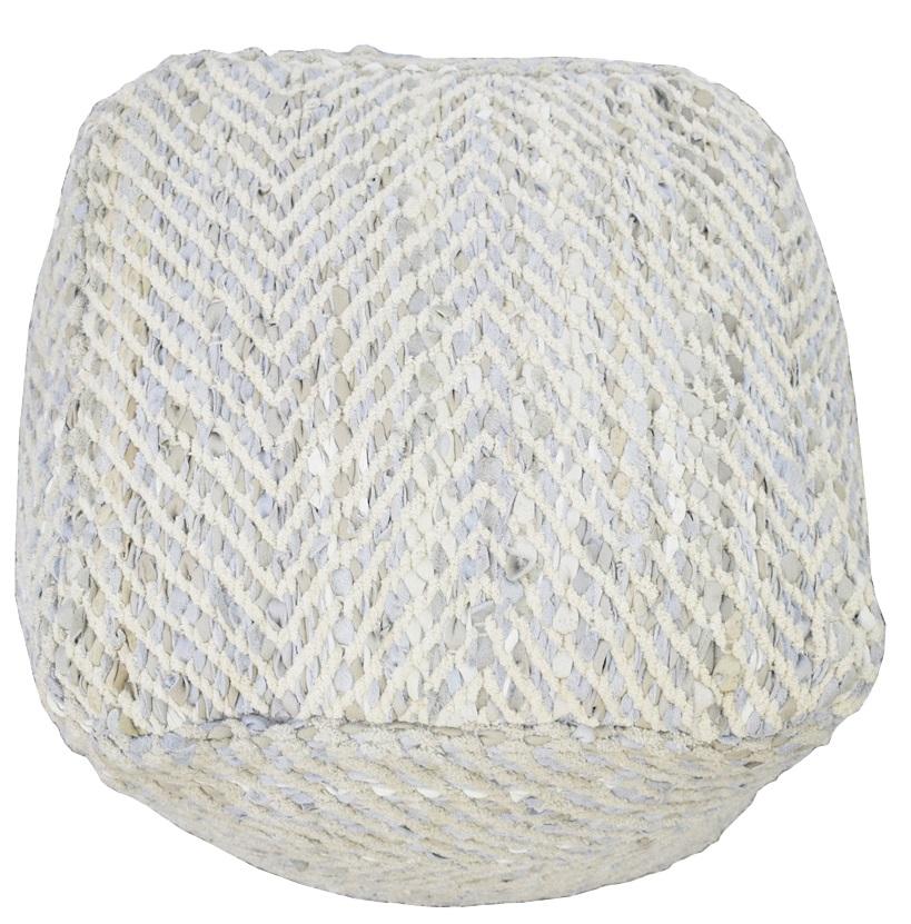 Silver and Beige Modern Style Leather and Chenille Pouf