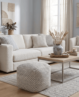 Silver and Beige Modern Style Leather and Chenille Pouf