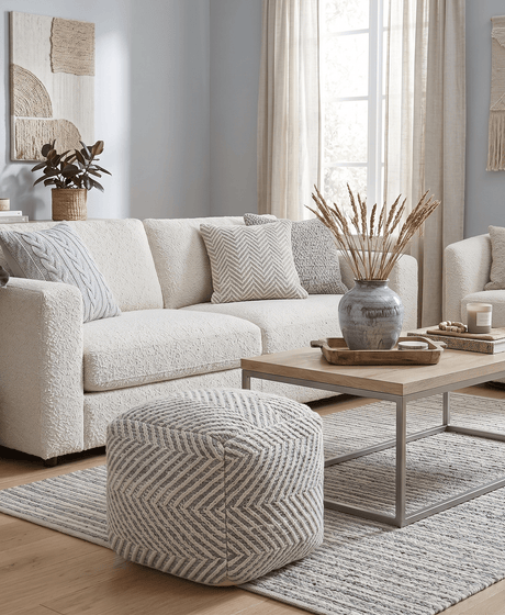Silver and Beige Modern Style Leather and Chenille Pouf