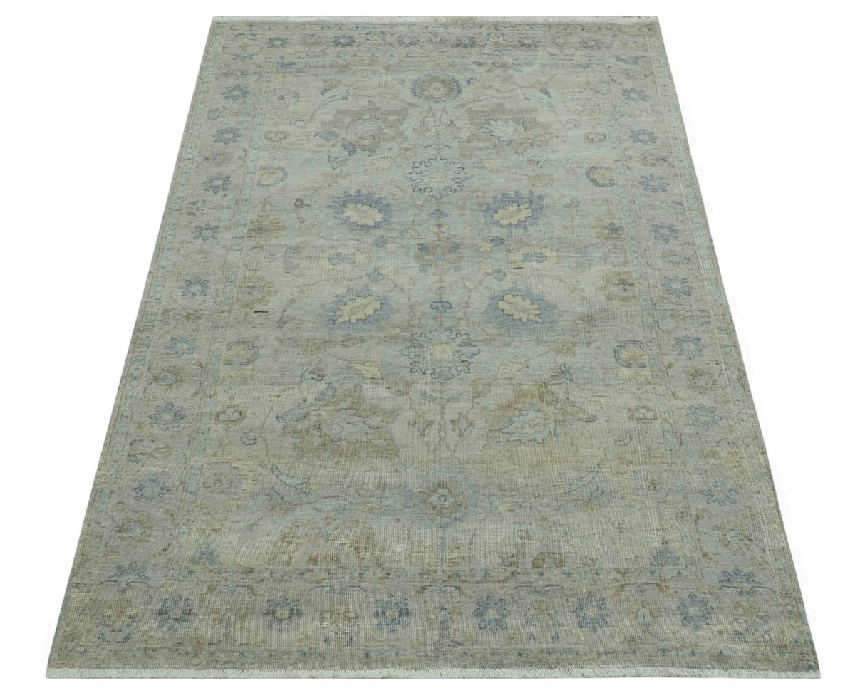 Silver And Beige Traditional Design Hand Knotted 4x5.6 Wool Area Rug