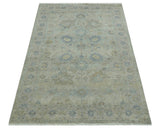 Silver And Beige Traditional Design Hand Knotted 4x5.6 Wool Area Rug