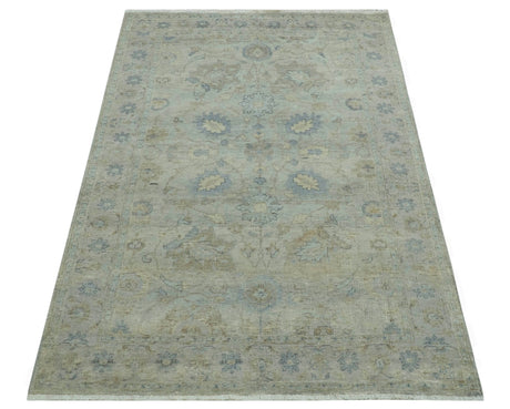 Silver And Beige Traditional Design Hand Knotted 4x5.6 Wool Area Rug