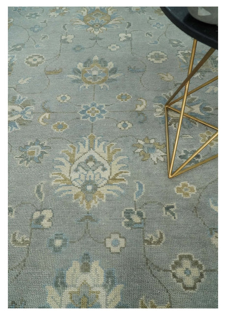 Silver and Brown Antique Traditional Floral Oushak wool area Rug