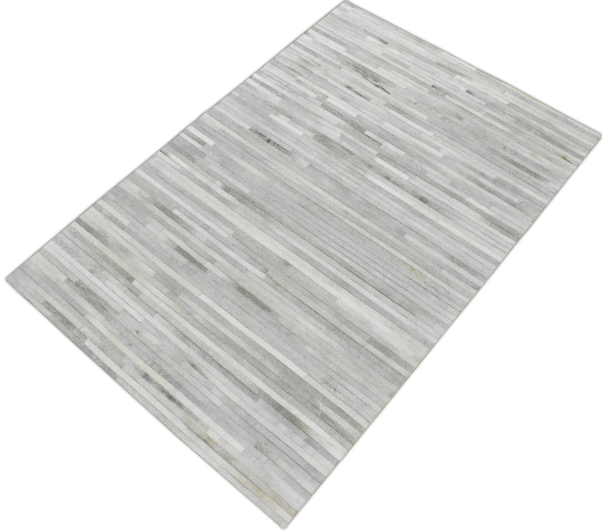 Silver And Ivory Handmade 5x8 Genuine Leather Area Rug