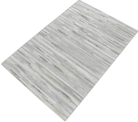 Silver And Ivory Handmade 5x8 Genuine Leather Area Rug