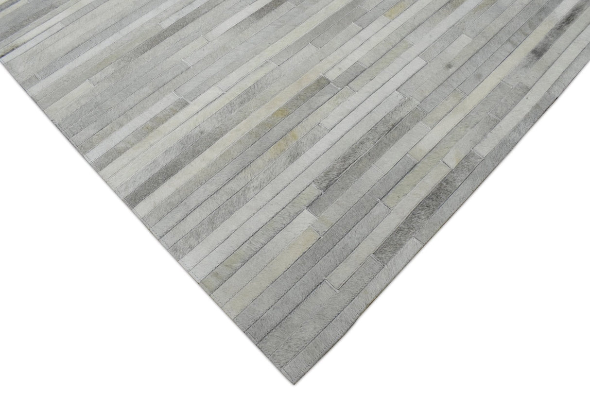 Silver And Ivory Handmade 5x8 Genuine Leather Area Rug