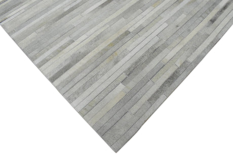 Silver And Ivory Handmade 5x8 Genuine Leather Area Rug