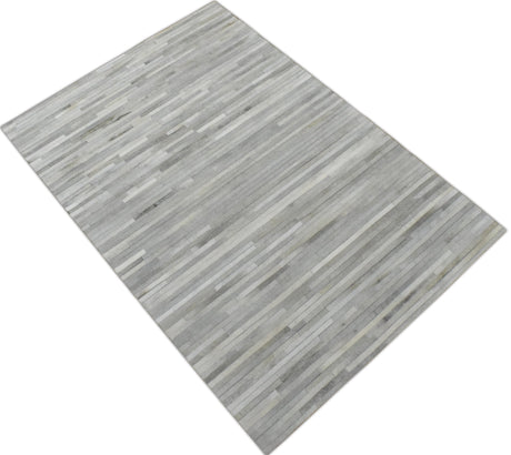 Silver And Ivory Handmade 5x8 Genuine Leather Area Rug