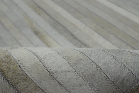 Silver And Ivory Handmade 5x8 Genuine Leather Area Rug
