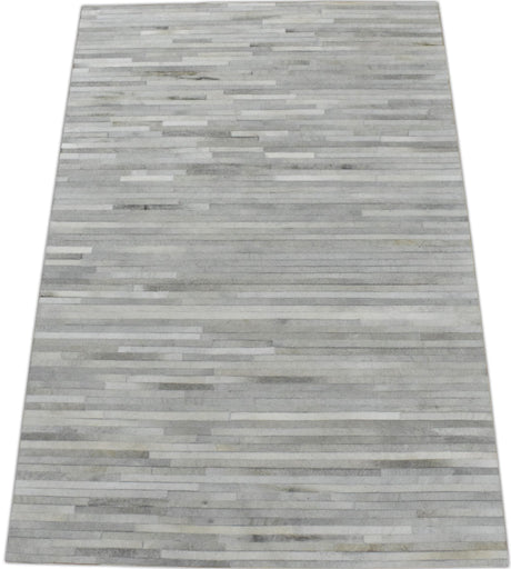 Silver And Ivory Handmade 5x8 Genuine Leather Area Rug
