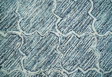 Silver, Blue and Ivory Modern Geometric Hand Tufted Multi Size Natural Wool Rug