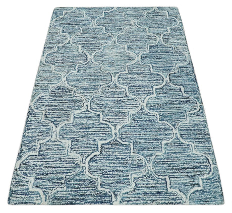 Silver, Blue and Ivory Modern Geometric Hand Tufted Multi Size Natural Wool Rug
