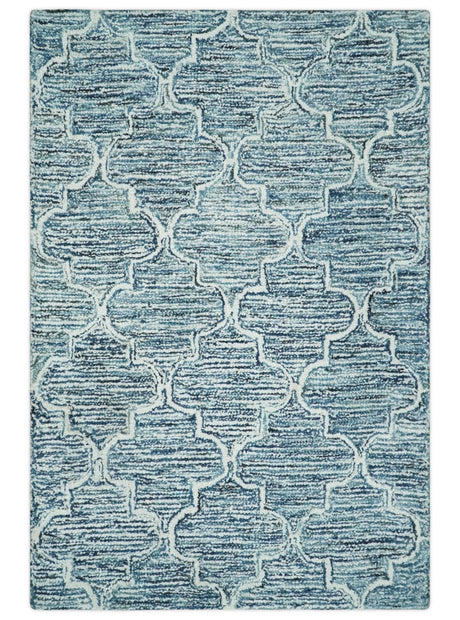 Silver, Blue and Ivory Modern Geometric Hand Tufted Multi Size Natural Wool Rug