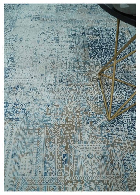 Silver, Blue and Olive Antique Finish, Vintage look, Art Silk Area Rug, Living Room Rug | TRDMM3-Area Rug-Parc Decor
