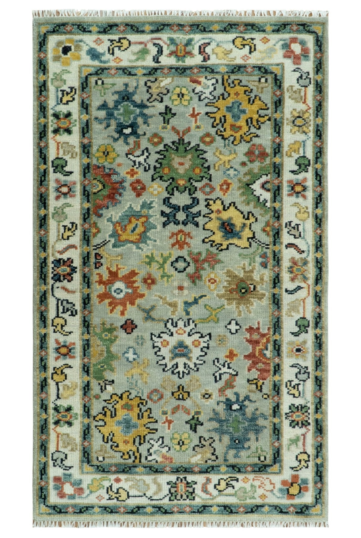 Silver, Ivory and Beige vibrant Colorful Hand knotted Multi Size Traditional Oushak wool Rug