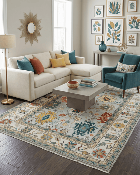 Silver, Ivory and Beige vibrant Colorful Hand knotted Multi Size Traditional Oushak wool Rug