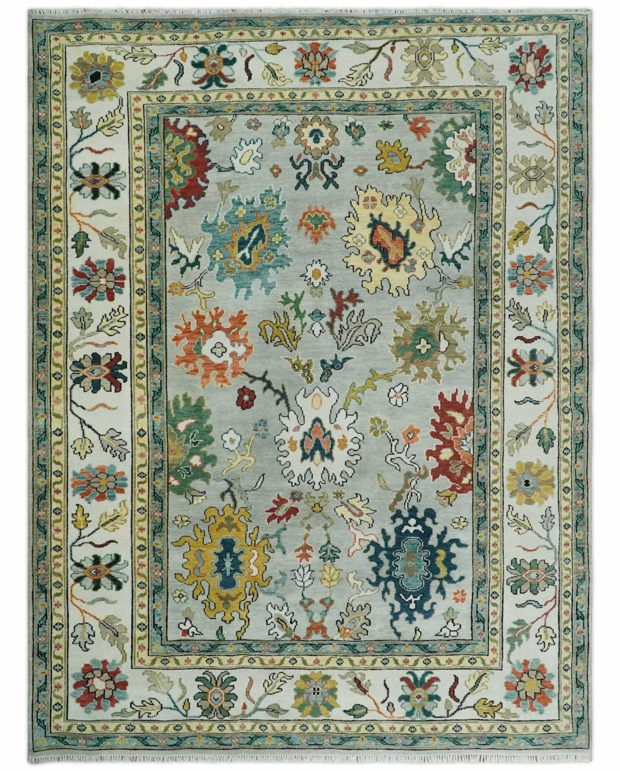 Silver, Ivory and Beige vibrant Colorful Hand knotted Multi Size Traditional Oushak wool Rug
