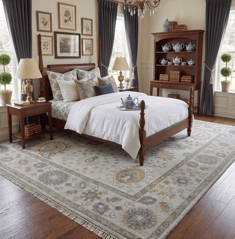 Silver, Olive and Gray Floral Herati Medallion Hand knotted Custom Made wool Area Rug