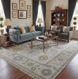 Silver, Olive and Gray Floral Herati Medallion Hand knotted Custom Made wool Area Rug