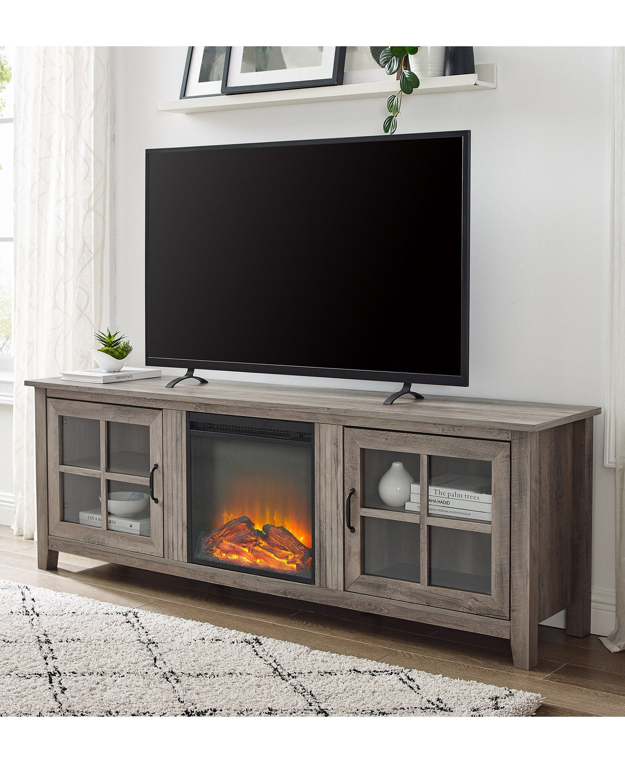 Simple Fireplace Console with Glass Doors-Fireplace-Parc Decor