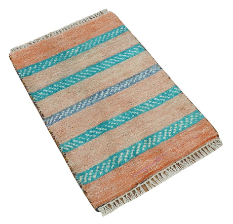 Small 1.5x2 Peach and Blue Wool Hand Knotted traditional Persian Vintage Antique Southwestern Gabbeh Rug| TRDCP347152-Area Rug-Parc Decor