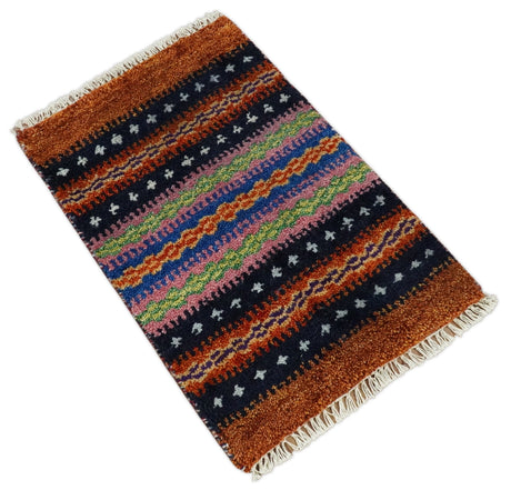 Small 1.5x2 Rust and Blue Wool Hand Knotted traditional Persian Vintage Antique Scandinavian Gabbeh Rug| TRDCP315152-Area Rug-Parc Decor