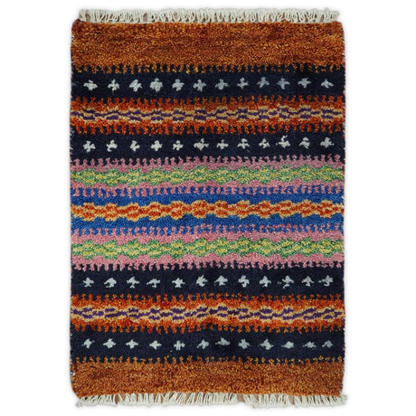 Small 1.5x2 Rust and Blue Wool Hand Knotted traditional Persian Vintage Antique Scandinavian Gabbeh Rug| TRDCP315152-Area Rug-Parc Decor