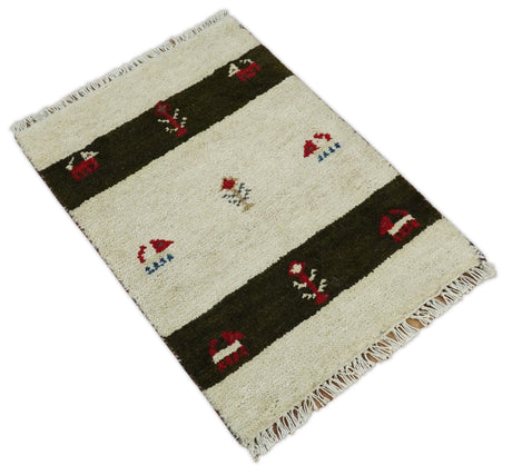 Small 1.5x2 White and Brown Wool Hand Knotted traditional Vintage Antique Southwestern Tribal Gabbeh | TRDCP356152-Area Rug-Parc Decor