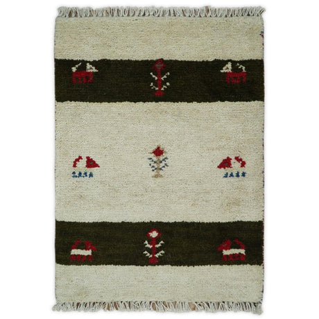 Small 1.5x2 White and Brown Wool Hand Knotted traditional Vintage Antique Southwestern Tribal Gabbeh | TRDCP356152-Area Rug-Parc Decor