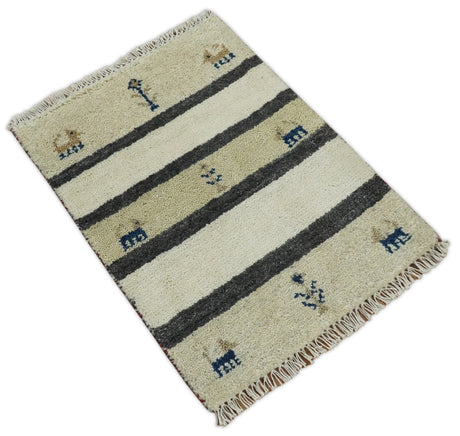 Small 1.5x2 White and Gray Wool Hand Knotted traditional Vintage Antique Southwestern Tribal Gabbeh | TRDCP357152-Area Rug-Parc Decor