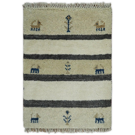 Small 1.5x2 White and Gray Wool Hand Knotted traditional Vintage Antique Southwestern Tribal Gabbeh | TRDCP357152-Area Rug-Parc Decor