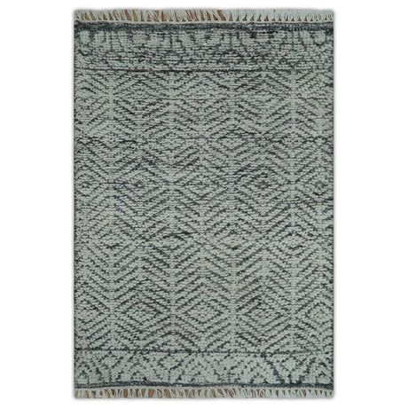 Small 2x3 Hand Knotted Ivory and Charcoal Tribal Design Wool Rug-Area Rug-Parc Decor
