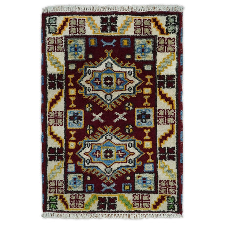 Small 2x3 Red and Beige Wool Hand Knotted traditional Persian Vintage Antique Southwestern Kazak | TRDCP20223-Area Rug-Parc Decor