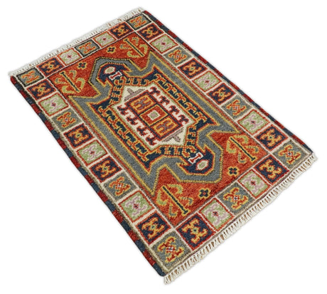 Small 2x3 Red and Ivory Wool Hand Knotted traditional Persian Vintage Antique Southwestern Kazak | TRDCP18923-Area Rug-Parc Decor