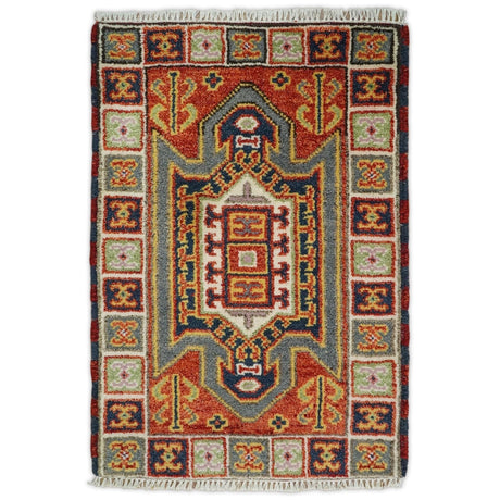 Small 2x3 Red and Ivory Wool Hand Knotted traditional Persian Vintage Antique Southwestern Kazak | TRDCP18923-Area Rug-Parc Decor