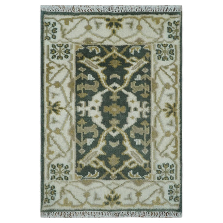 Small Entryway 2x3 Gray, Ivory and Beige Hand Knotted Oriental Oushak Wool Area Rug-Area Rug-Parc Decor