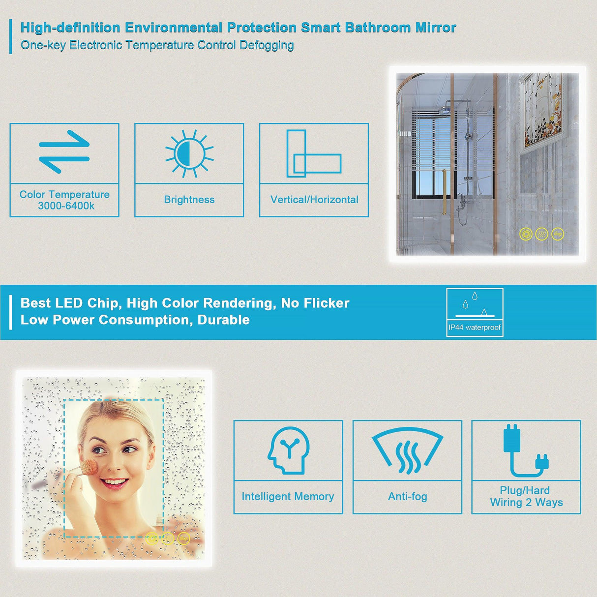 SmartGlow Dimmable LED Frameless Anti-Fog Bathroom Vanity Mirror-镜子-Parc Decor