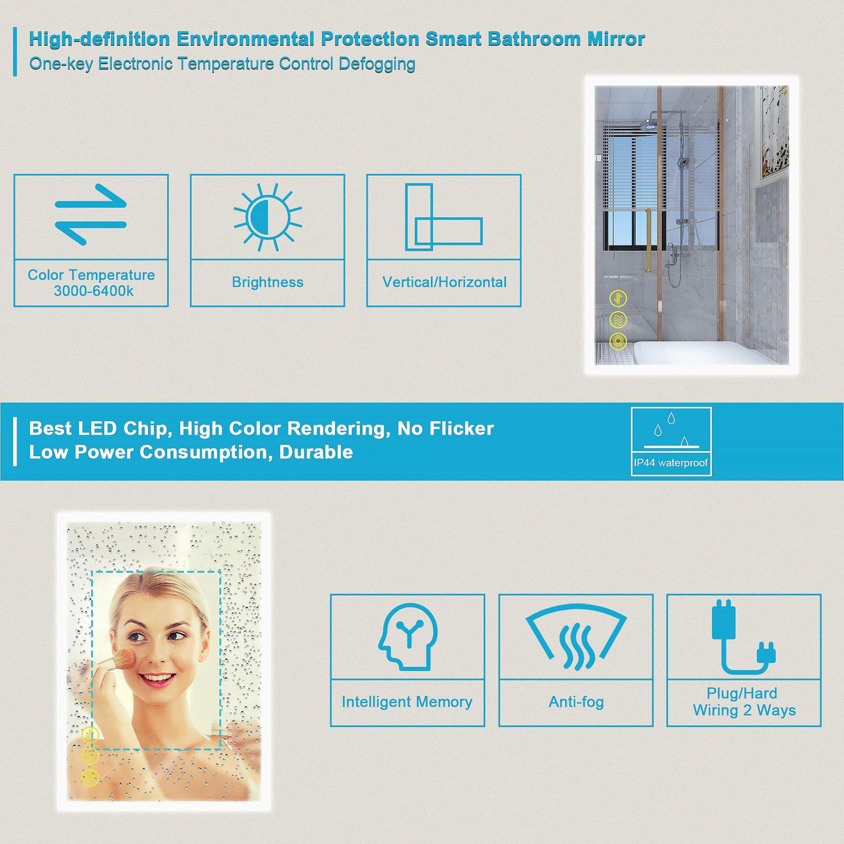 SmartGlow Dimmable LED Frameless Anti-Fog Bathroom Vanity Mirror-镜子-Parc Decor