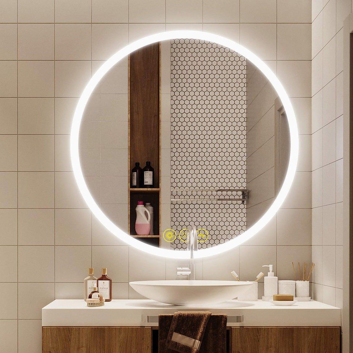 SmartReflect Modern Round LED Dimmable Anti-Fog Frameless Bathroom Vanity Mirror-镜子-Parc Decor