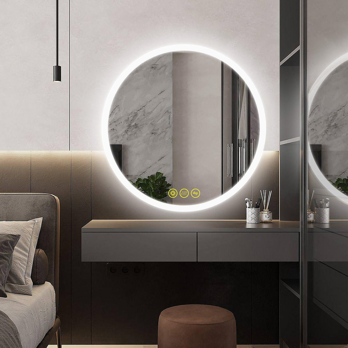 SmartReflect Modern Round LED Dimmable Anti-Fog Frameless Bathroom Vanity Mirror-镜子-Parc Decor