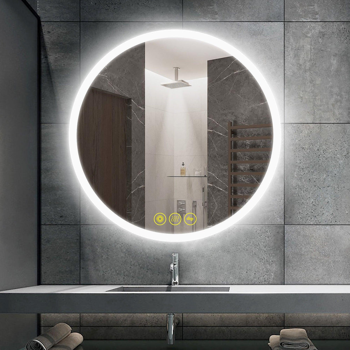 SmartReflect Modern Round LED Dimmable Anti-Fog Frameless Bathroom Vanity Mirror-镜子-Parc Decor