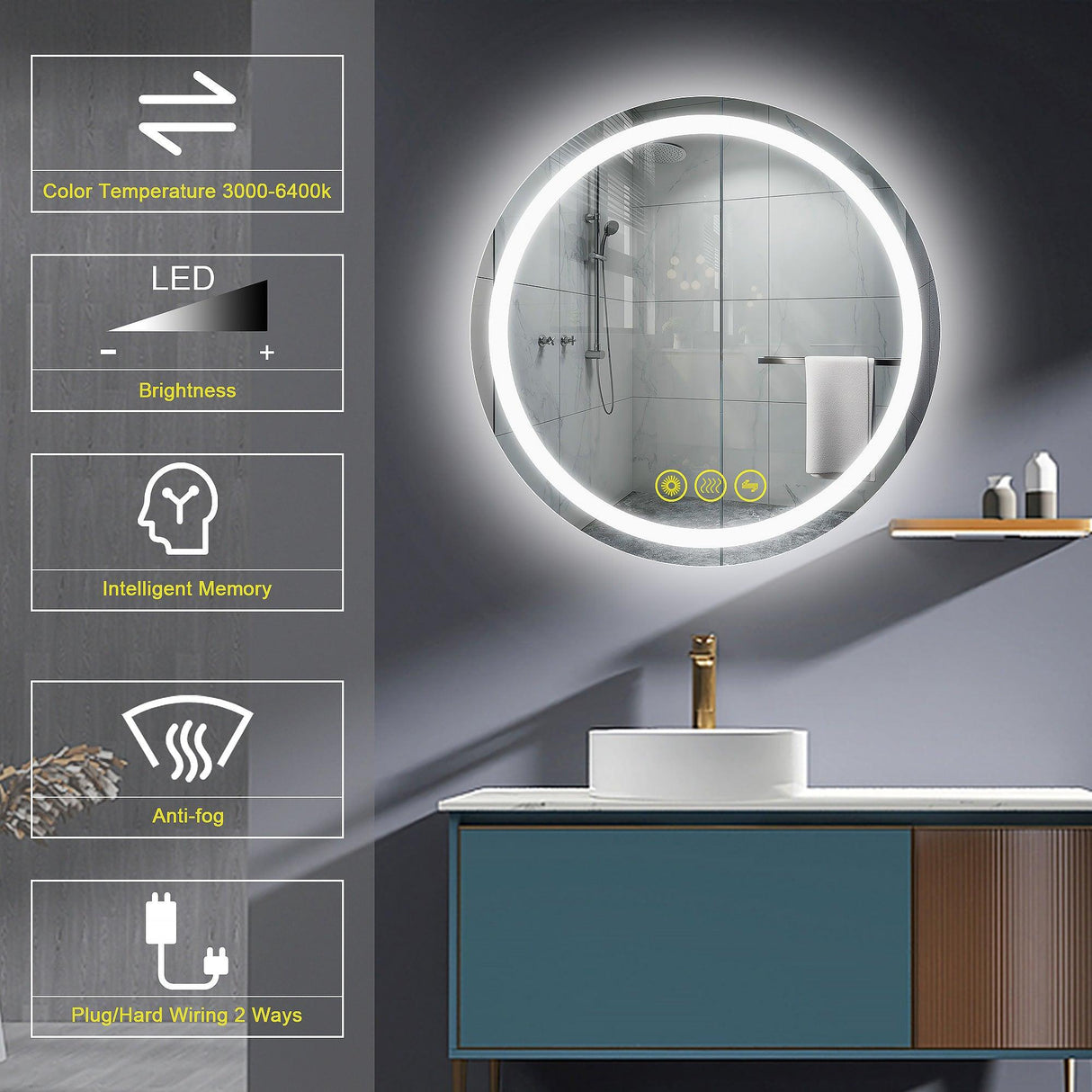 SmartShine Contemporary LED Dimmable Round Anti-Fog Backlit Bathroom Vanity Mirror-镜子-Parc Decor