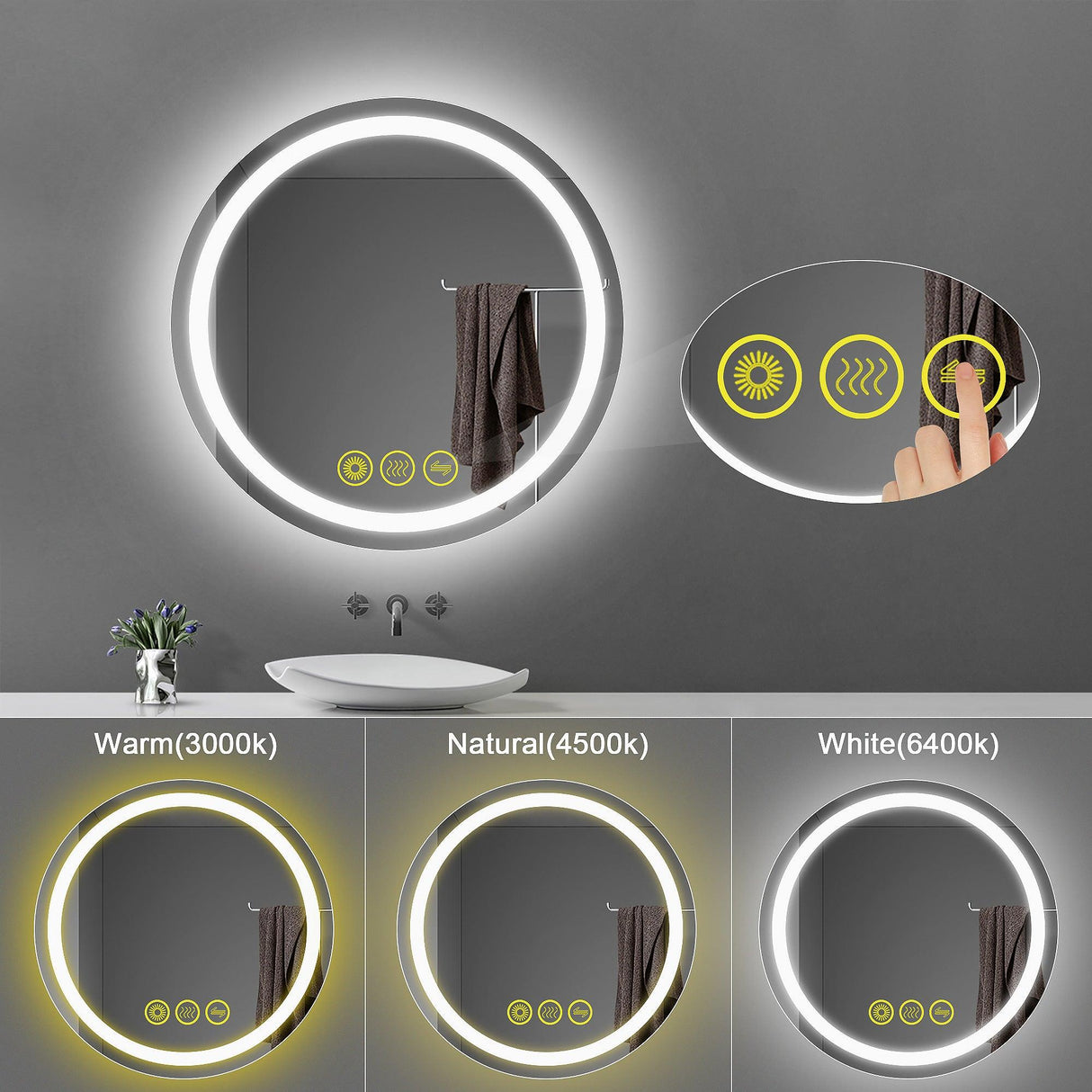 SmartShine Contemporary LED Dimmable Round Anti-Fog Backlit Bathroom Vanity Mirror-镜子-Parc Decor