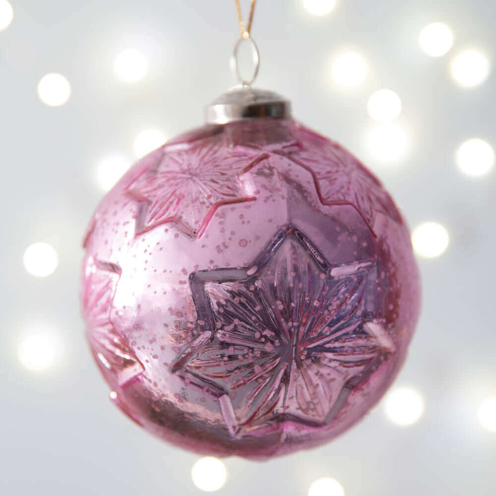Snowflake Antique Mercury Glass Ball Christmas Ornaments in Pink (Set of 4)-christmas decor-Parc Decor