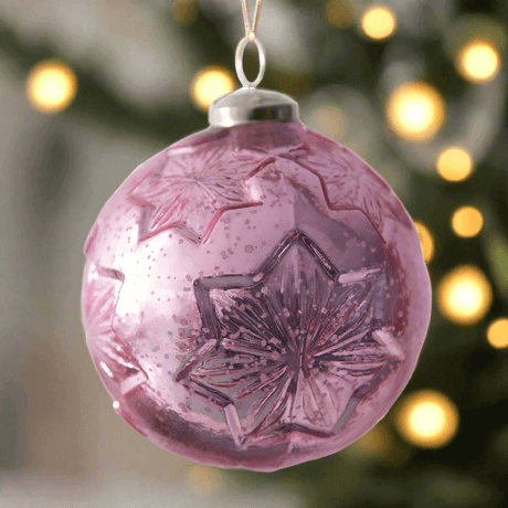 Snowflake Antique Mercury Glass Ball Christmas Ornaments in Pink (Set of 4)-christmas decor-Parc Decor
